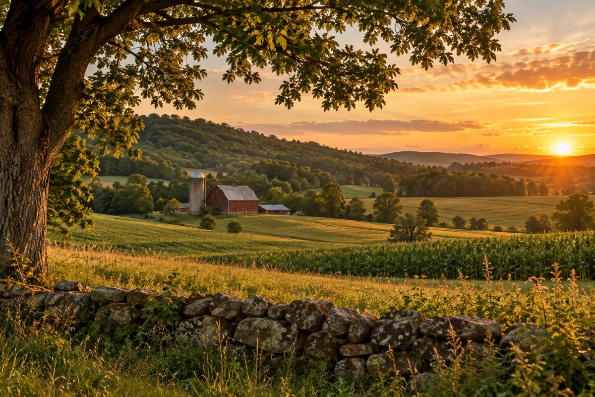 Rolling farmland, a red barn and a stone fence in a Wisconsin-inspired landscape